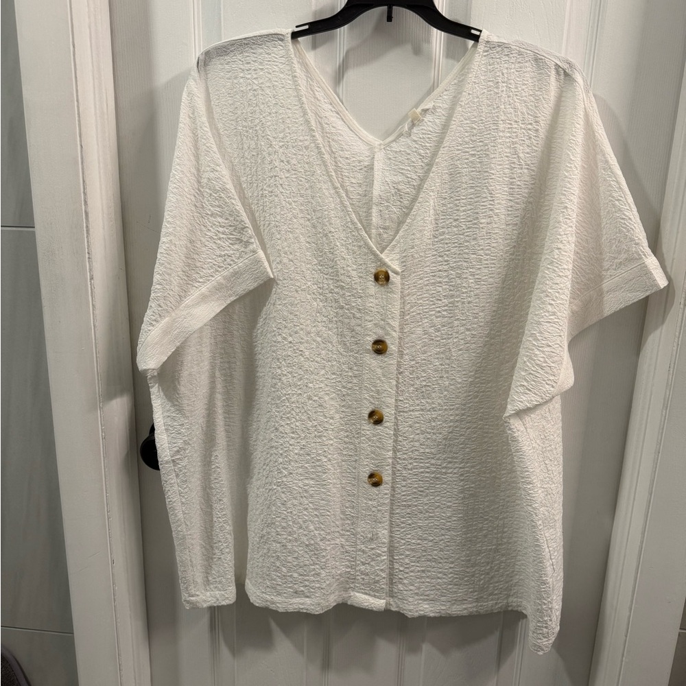 Relaxed Textured V-Neck Button Front Blouse - White